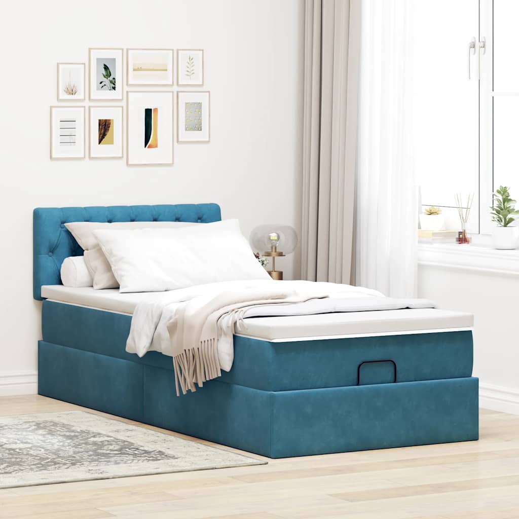 Cadre de lit ottoman avec matelas bleu foncé 90x200 cm velours