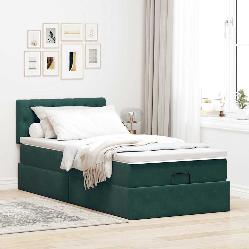 Ottoman bed frame with dark green mattress 100x200 cm velvet