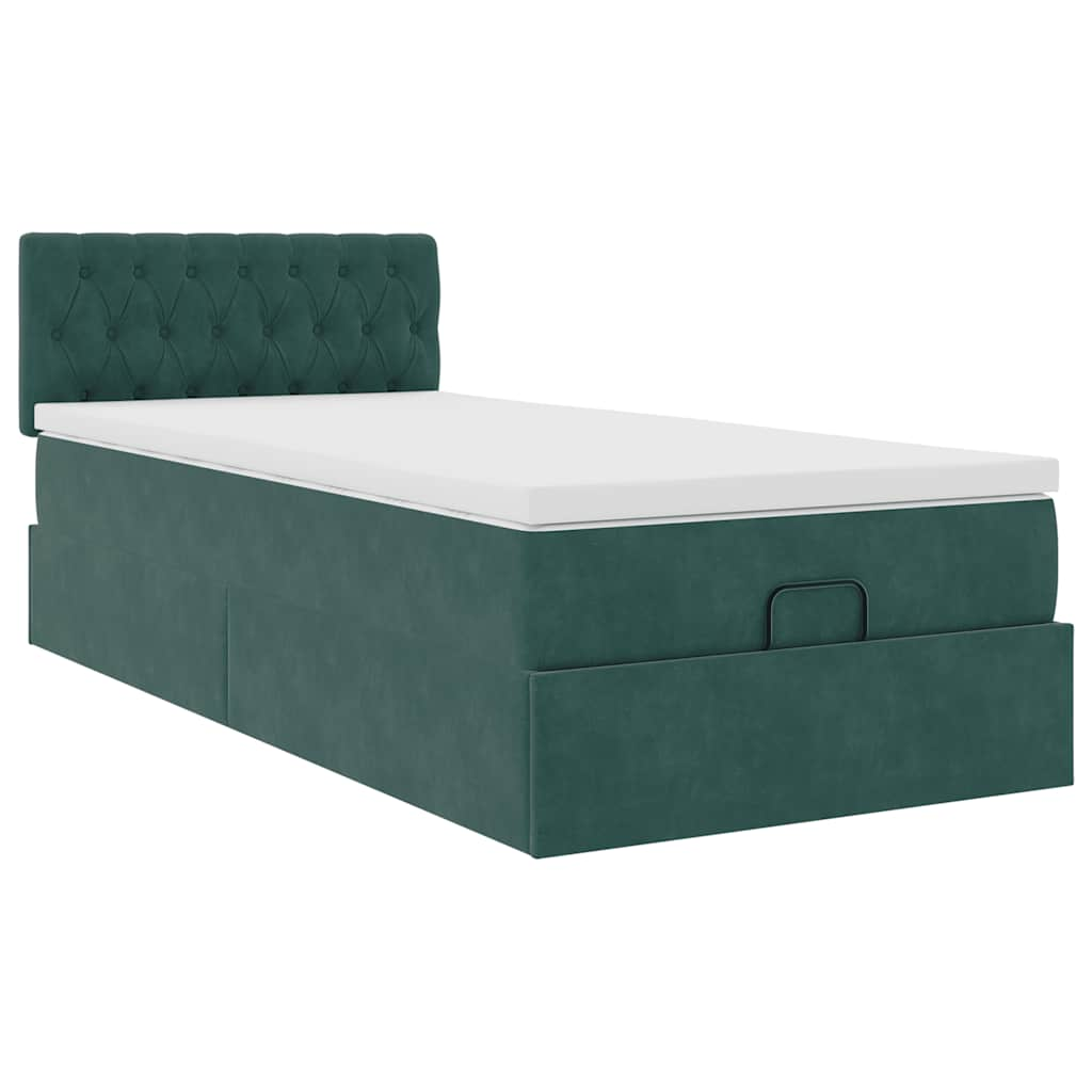 Ottoman bed frame with dark green mattress 100x200 cm velvet