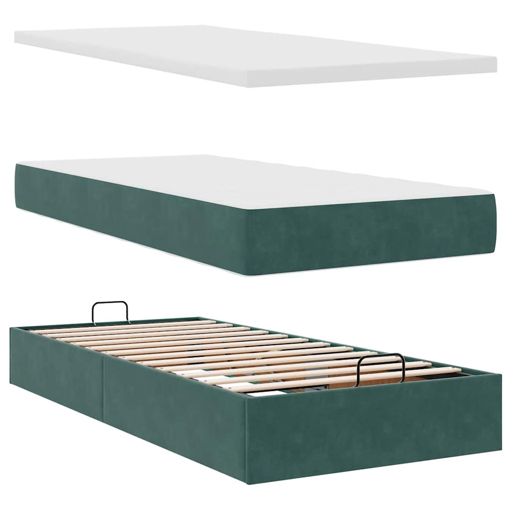 Ottoman bed frame with dark green mattress 100x200 cm velvet