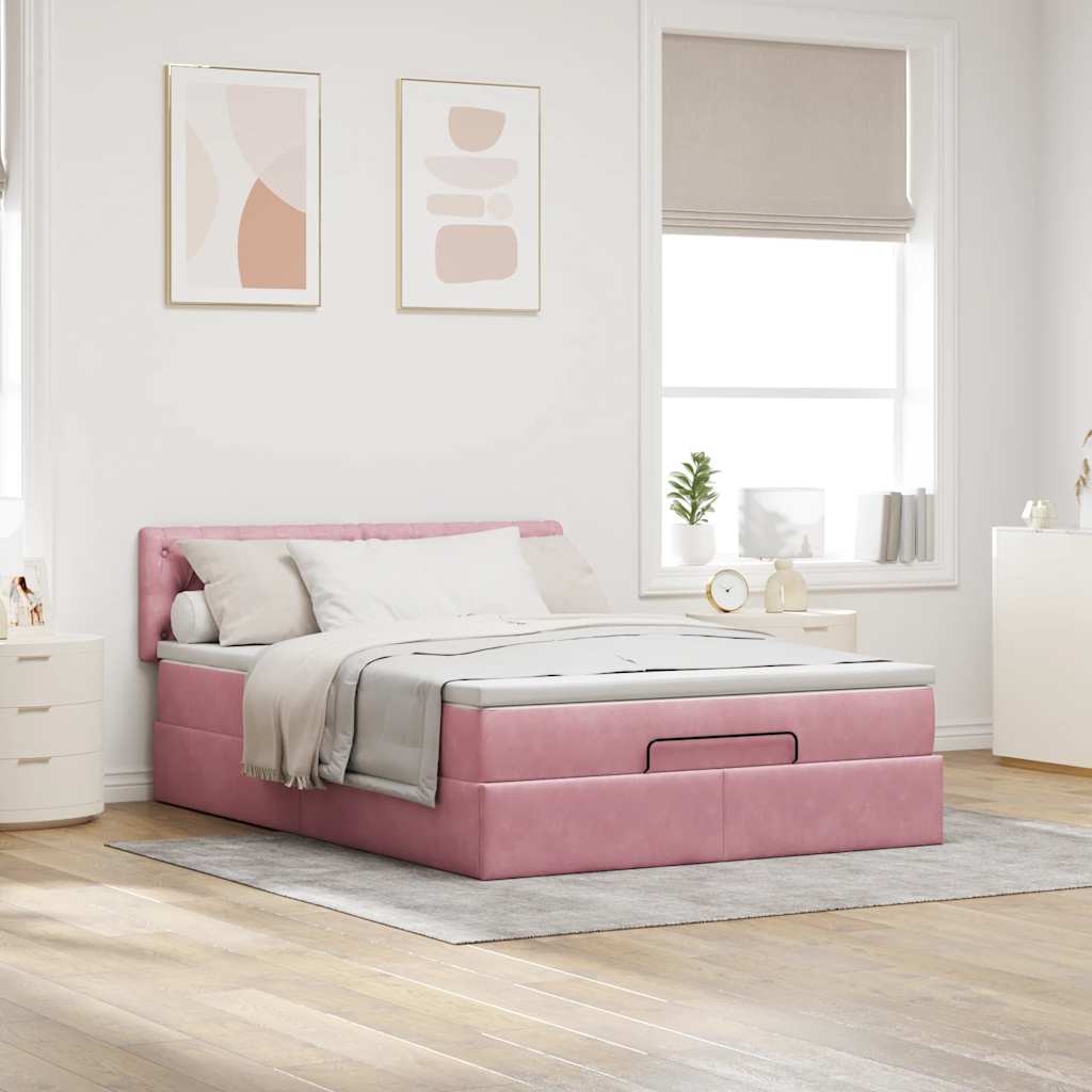 Cadre de lit ottoman avec matelas rose 140x190 cm velours