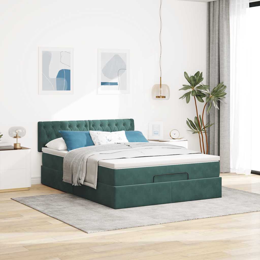 Cadre de lit ottoman avec matelas vert foncé 140x200 cm velours