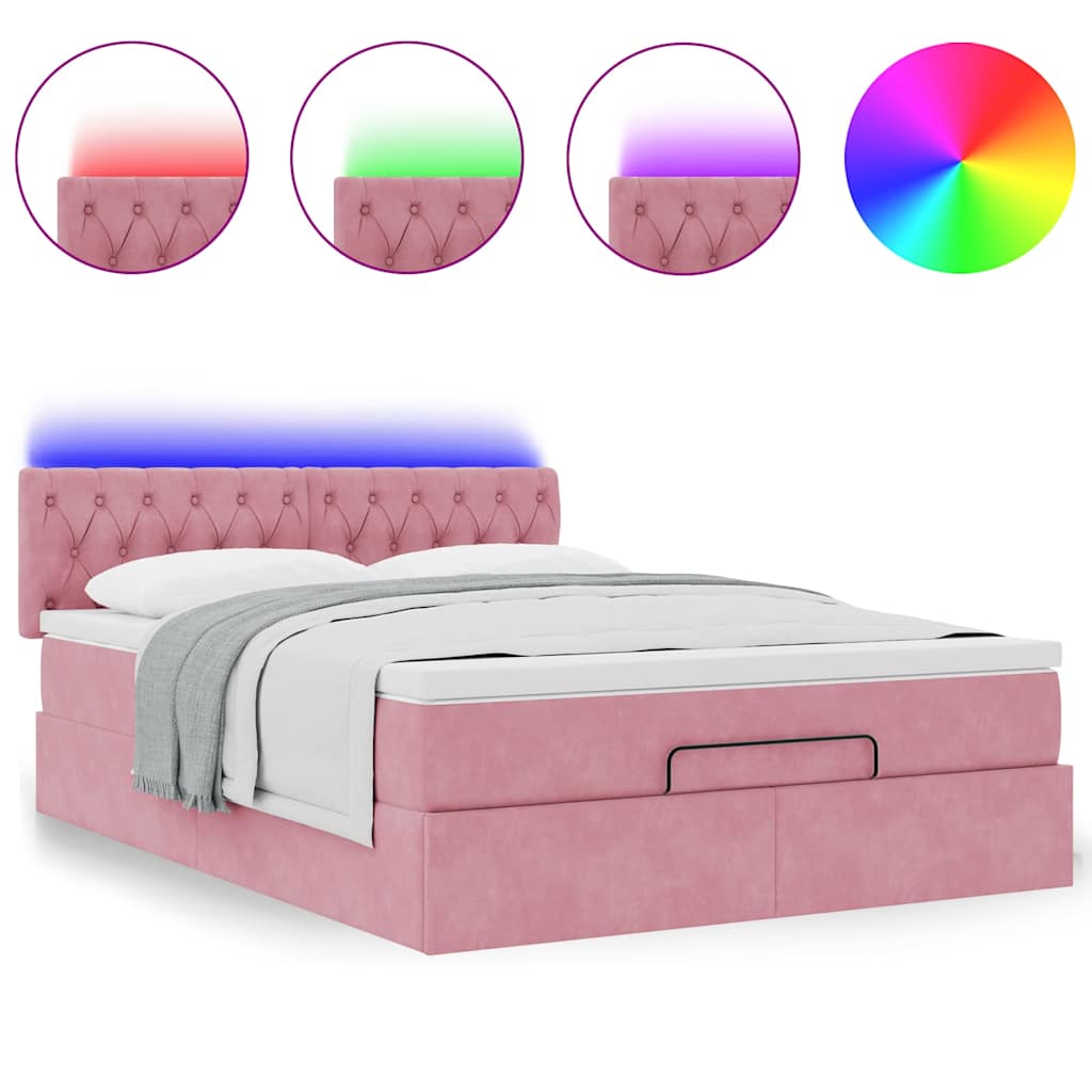 Cadre de lit ottoman avec matelas rose 140x200 cm velours