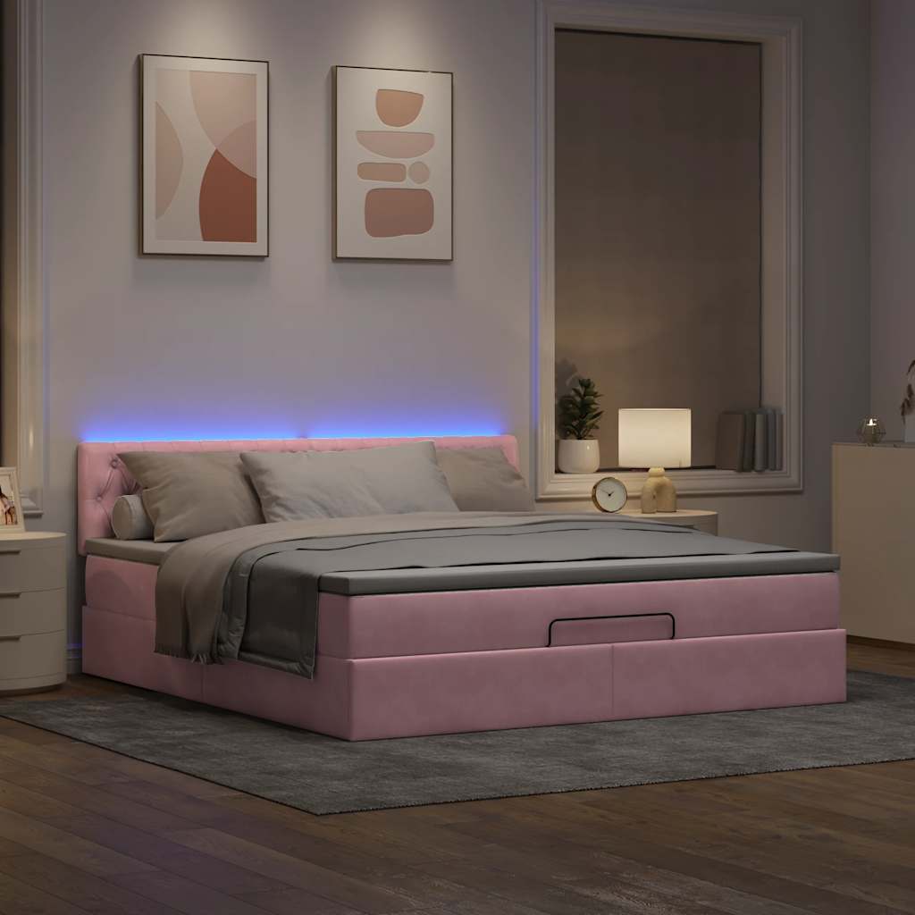 Cadre de lit ottoman avec matelas rose 160x200 cm velours