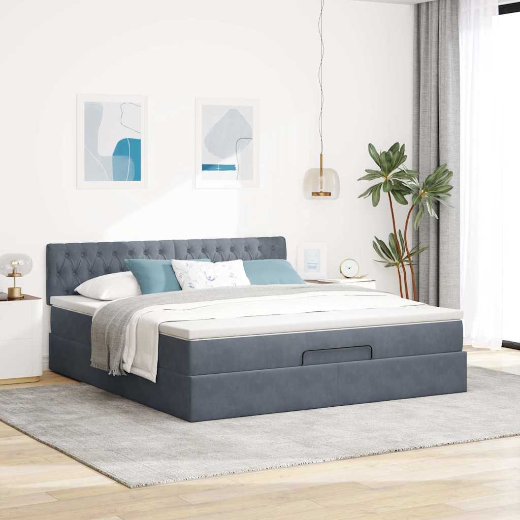 Cadre de lit ottoman avec matelas gris foncé 180x200 cm velours