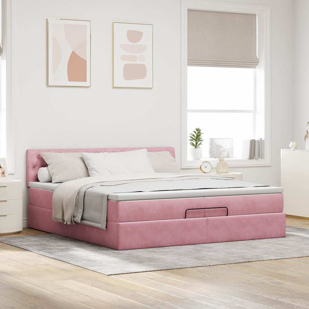 Cadre de lit ottoman avec matelas rose 200x200 cm velours