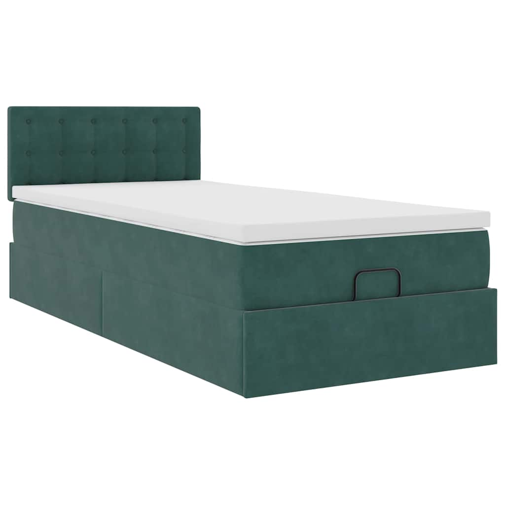 Ottoman bed frame with dark green mattress 80x200 cm velvet