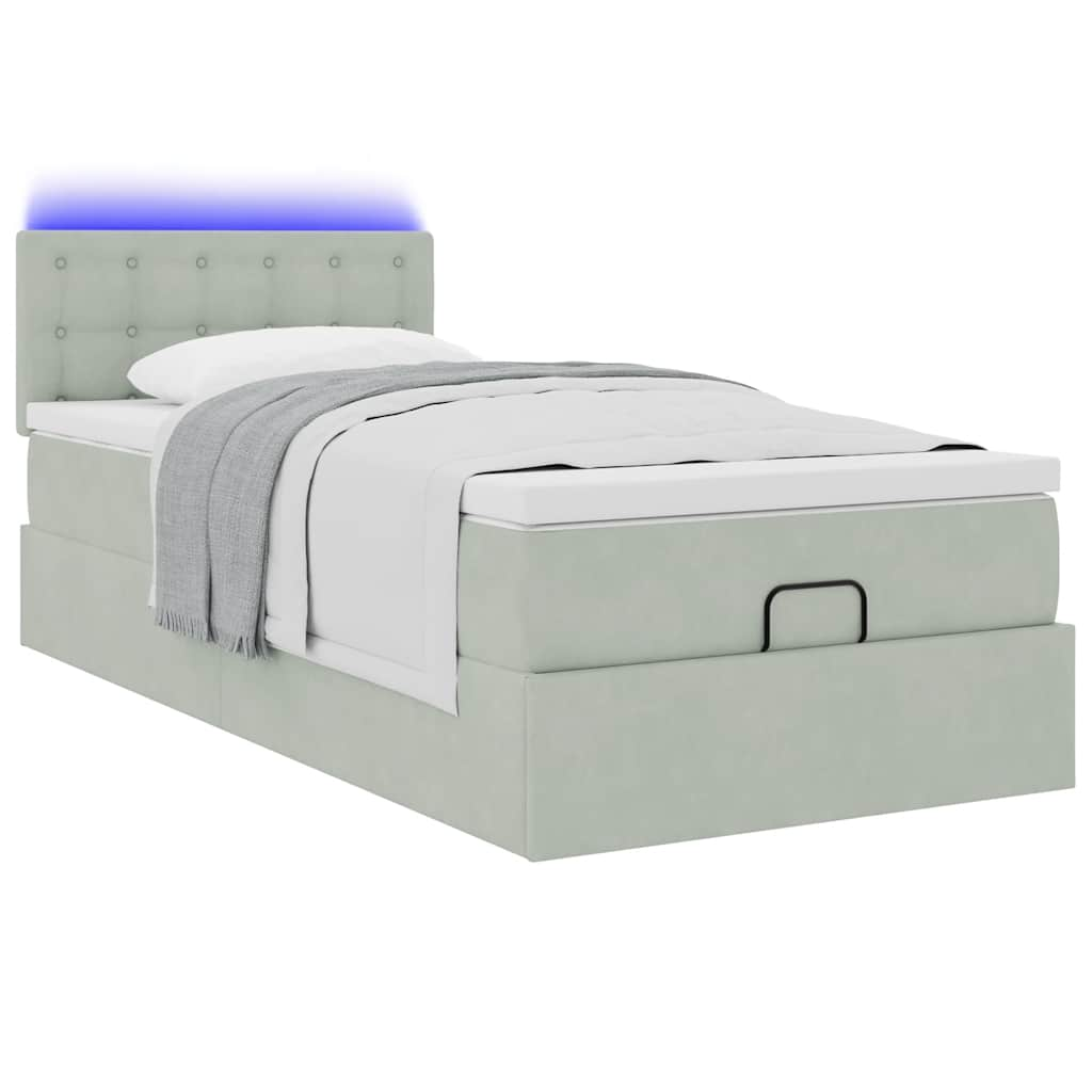 Cadre de lit ottoman et matelas gris clair 90x190 cm velours