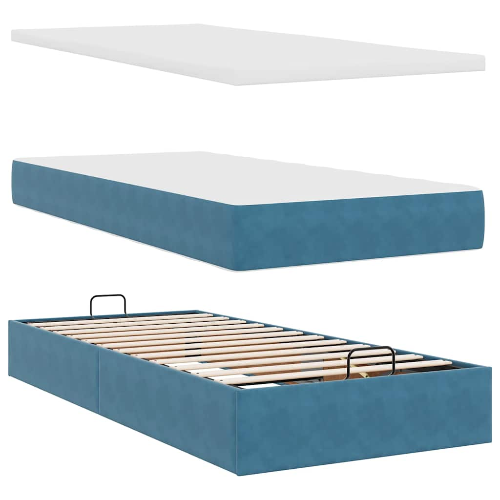 Ottoman bed frame with dark blue mattress 90x190 cm velvet