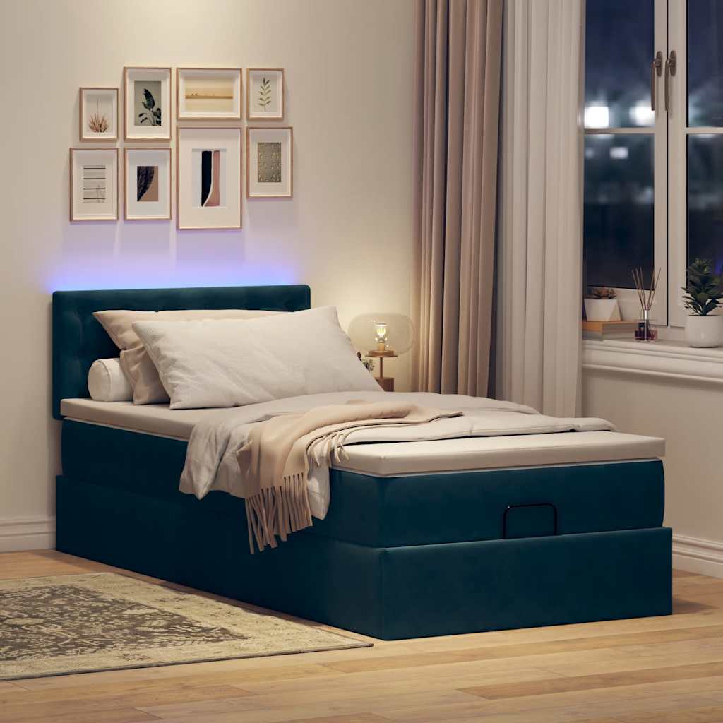 Ottoman bed frame with dark blue mattress 90x190 cm velvet