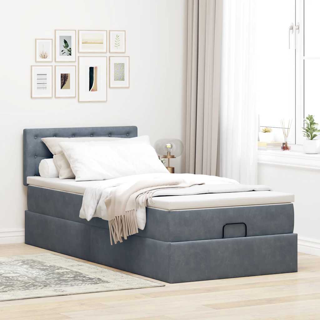 Cadre de lit ottoman et matelas gris foncé 90x200 cm velours