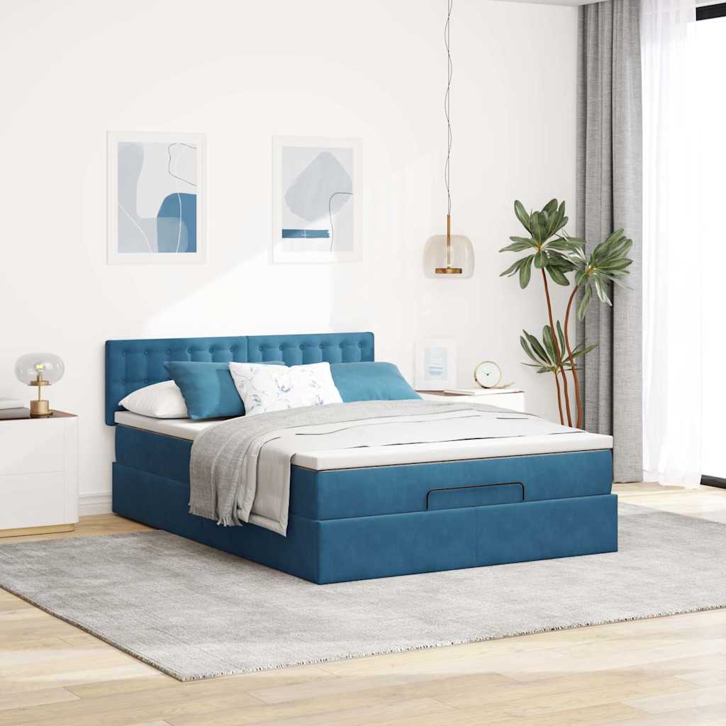 Cadre de lit ottoman avec matelas bleu foncé 140x190 cm velours