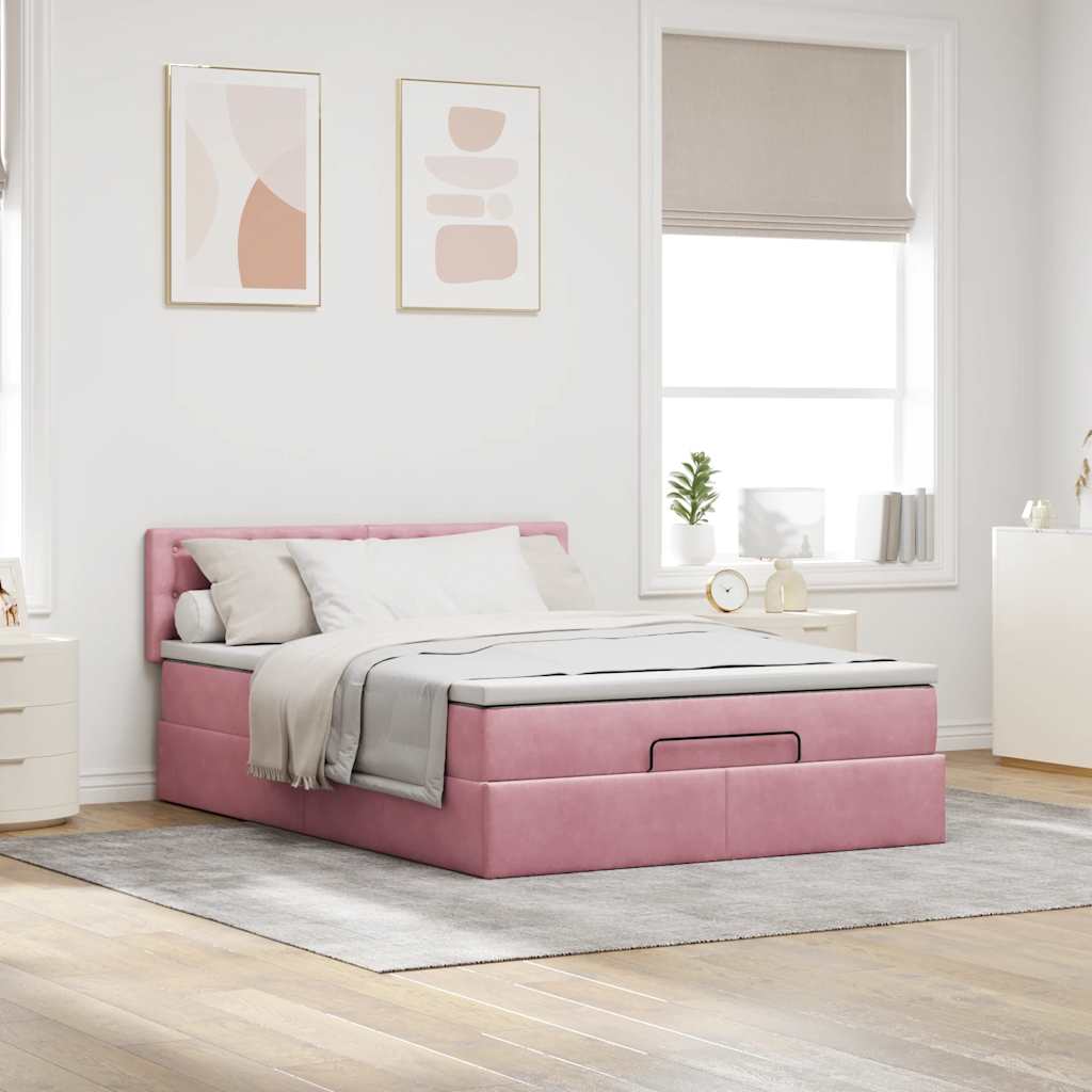 Cadre de lit ottoman avec matelas rose 140x200 cm velours