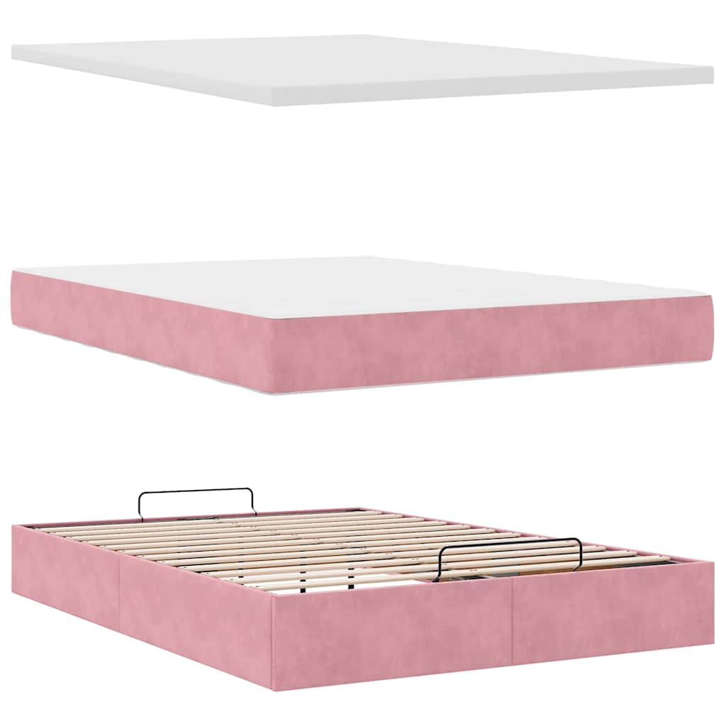 Cadre de lit ottoman avec matelas rose 140x200 cm velours