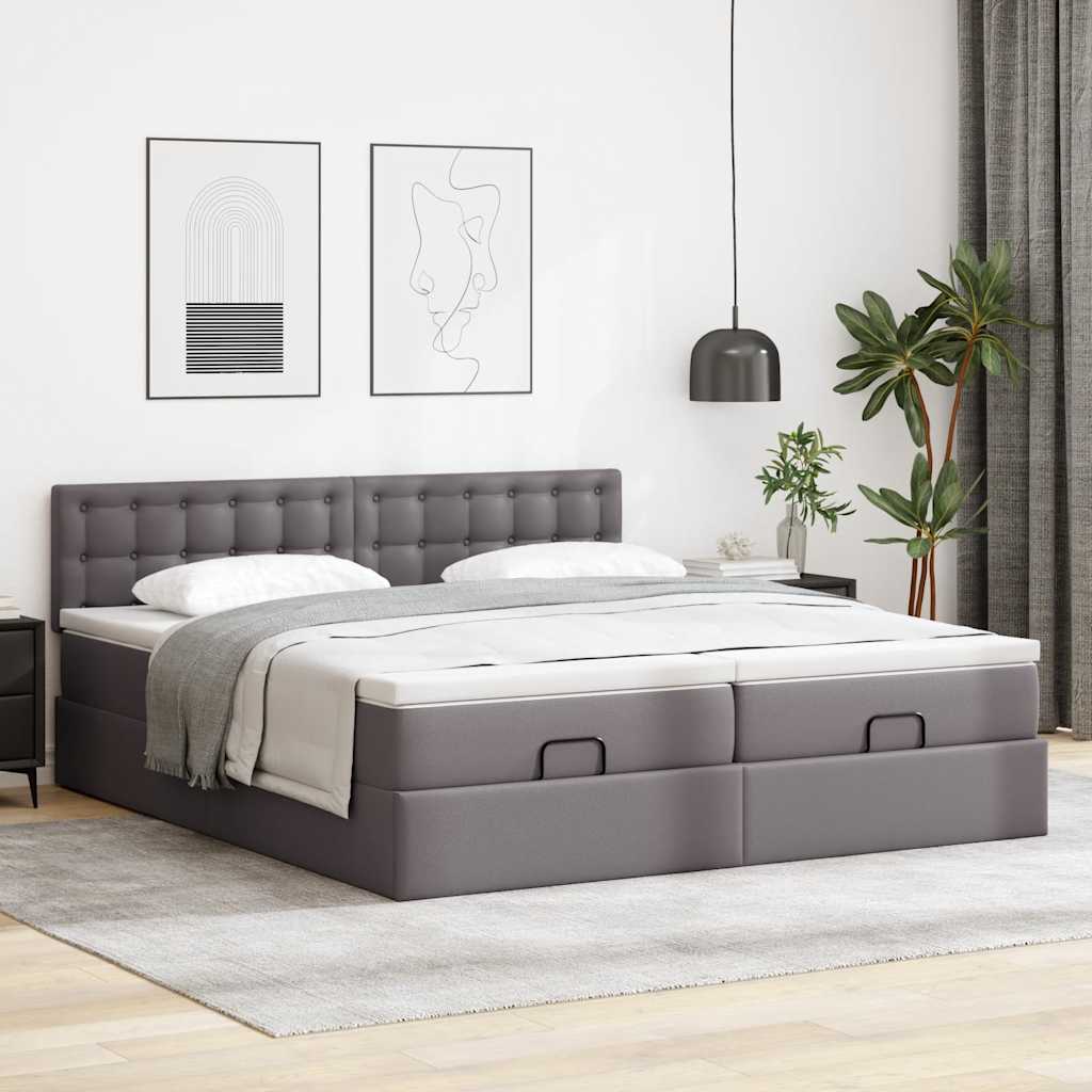 Ottoman bed frame with gray mattress 160x200 cm faux leather