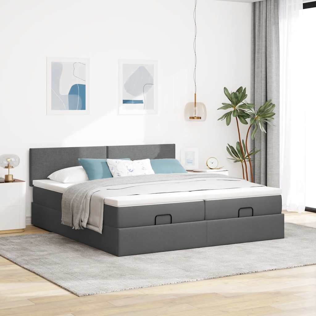 Cadre de lit ottoman avec matelas gris foncé 200x200cm tissu