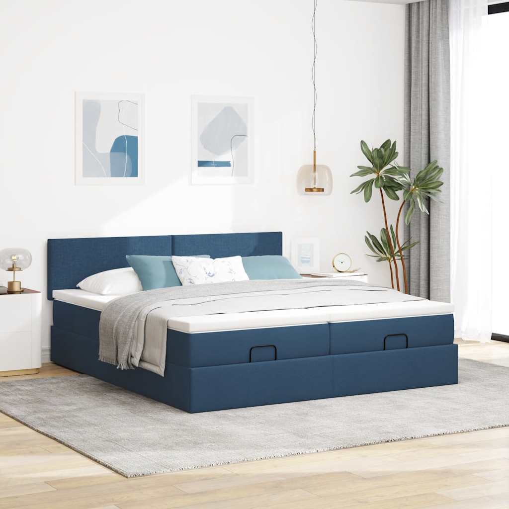 Ottoman bed frame with blue mattress 200x200cm fabric