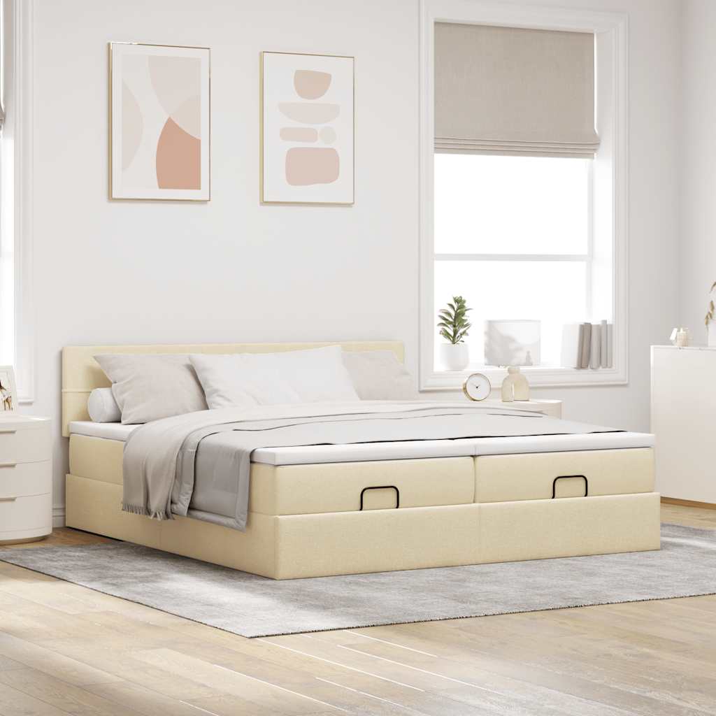 Cadre de lit ottoman avec matelas crème 160x200 cm tissu