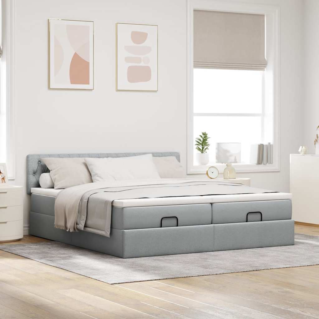 Cadre de lit ottoman et matelas gris clair 160x200cm tissu