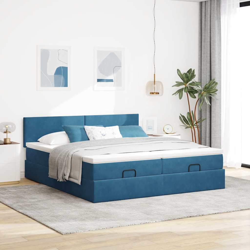 Cadre de lit ottoman avec matelas bleu foncé 160x200 cm velours