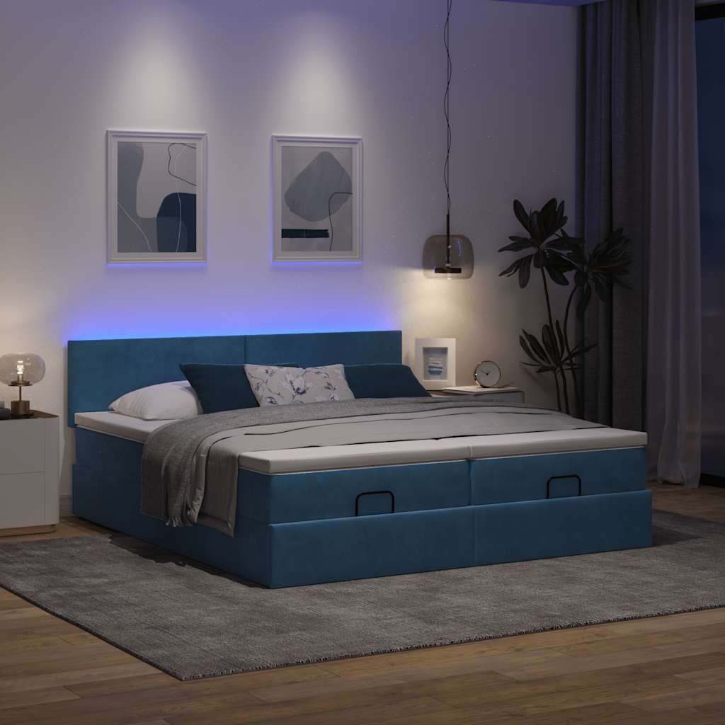 Cadre de lit ottoman avec matelas bleu foncé 180x200 cm velours