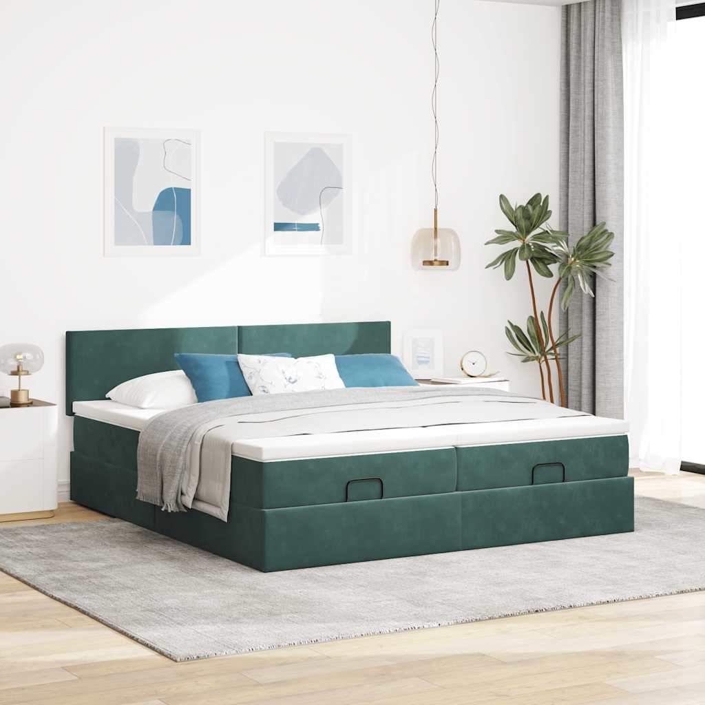 Cadre de lit ottoman avec matelas vert foncé 200x200 cm velours