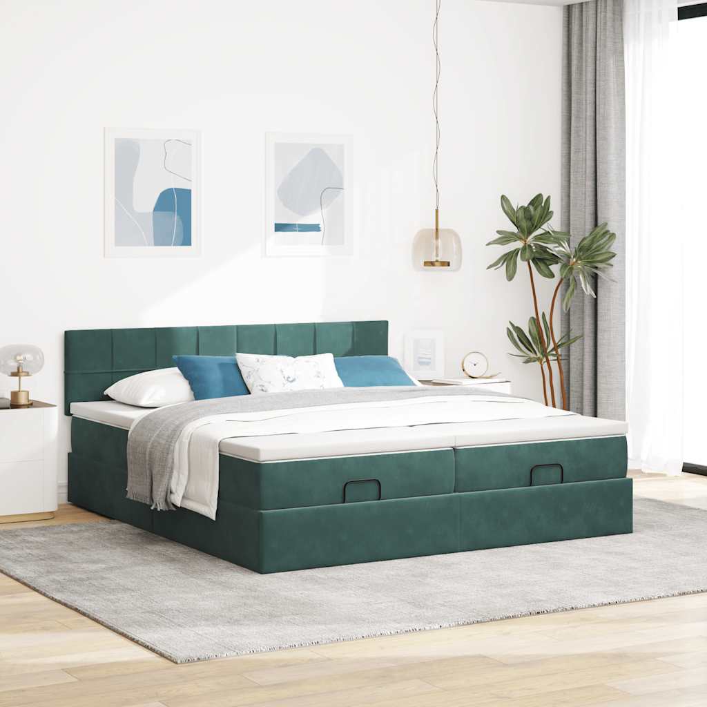 Cadre de lit ottoman avec matelas vert foncé 160x200 cm velours