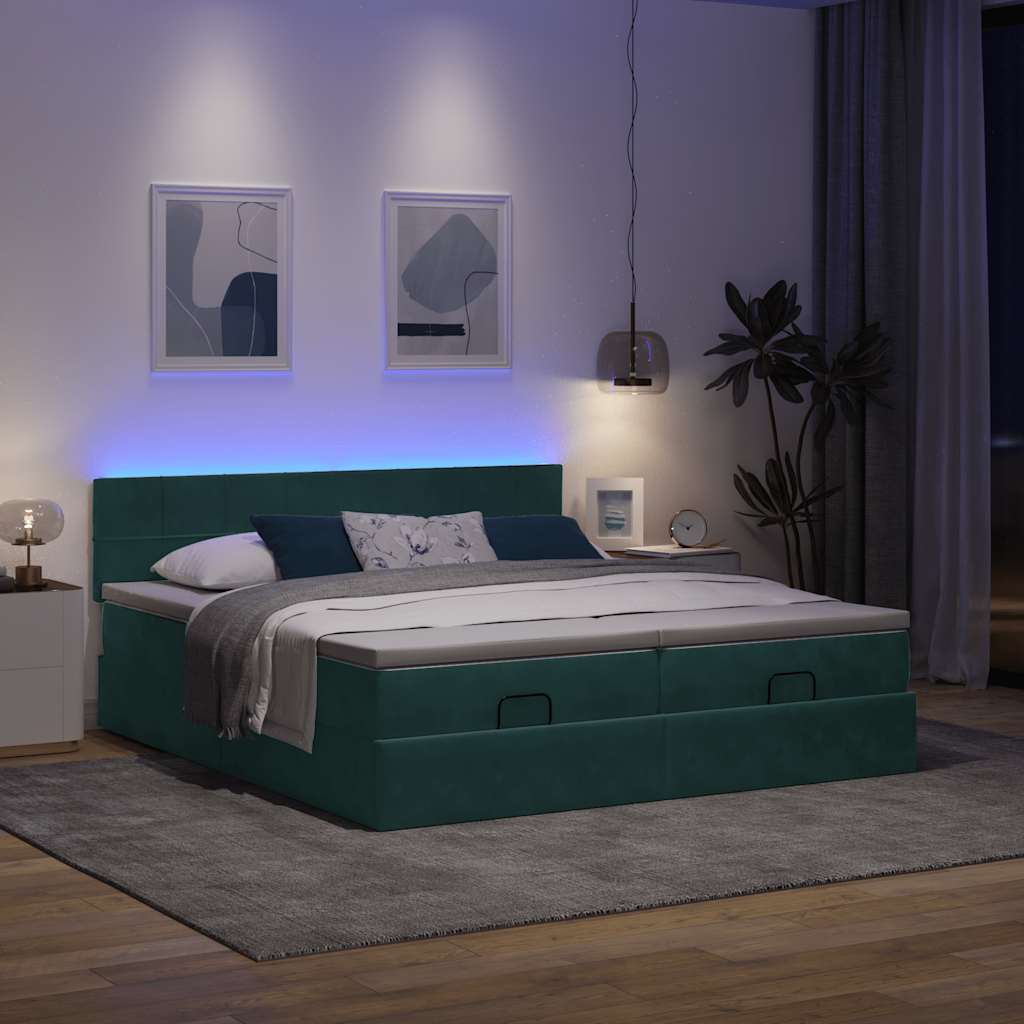 Cadre de lit ottoman avec matelas vert foncé 160x200 cm velours