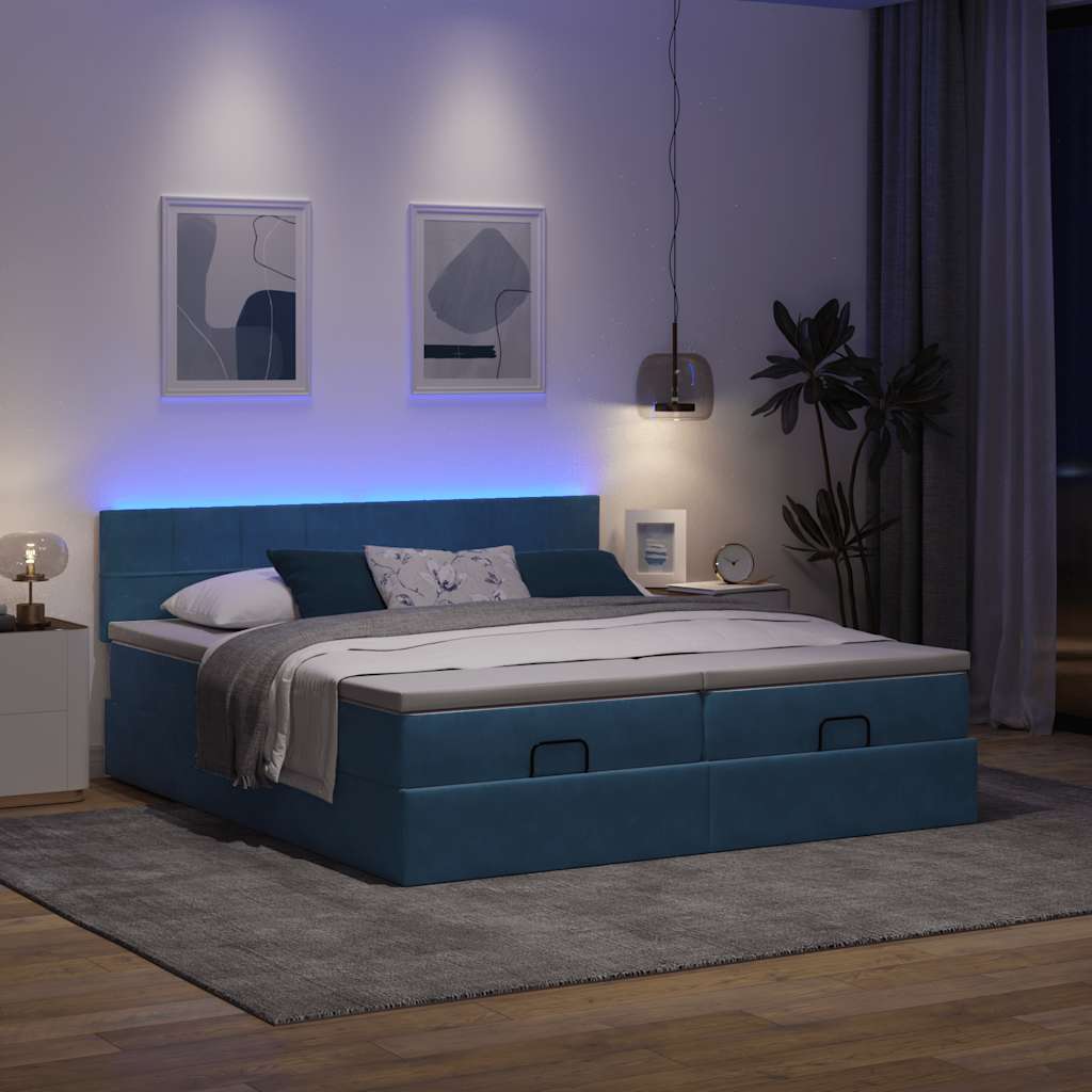 Cadre de lit ottoman avec matelas bleu foncé 200x200 cm velours