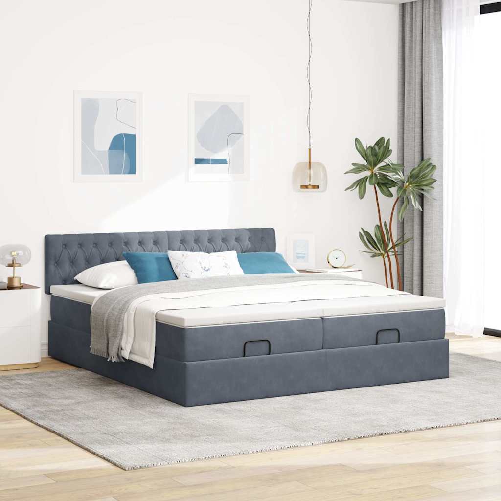 Cadre de lit ottoman avec matelas gris foncé 160x200cm velours