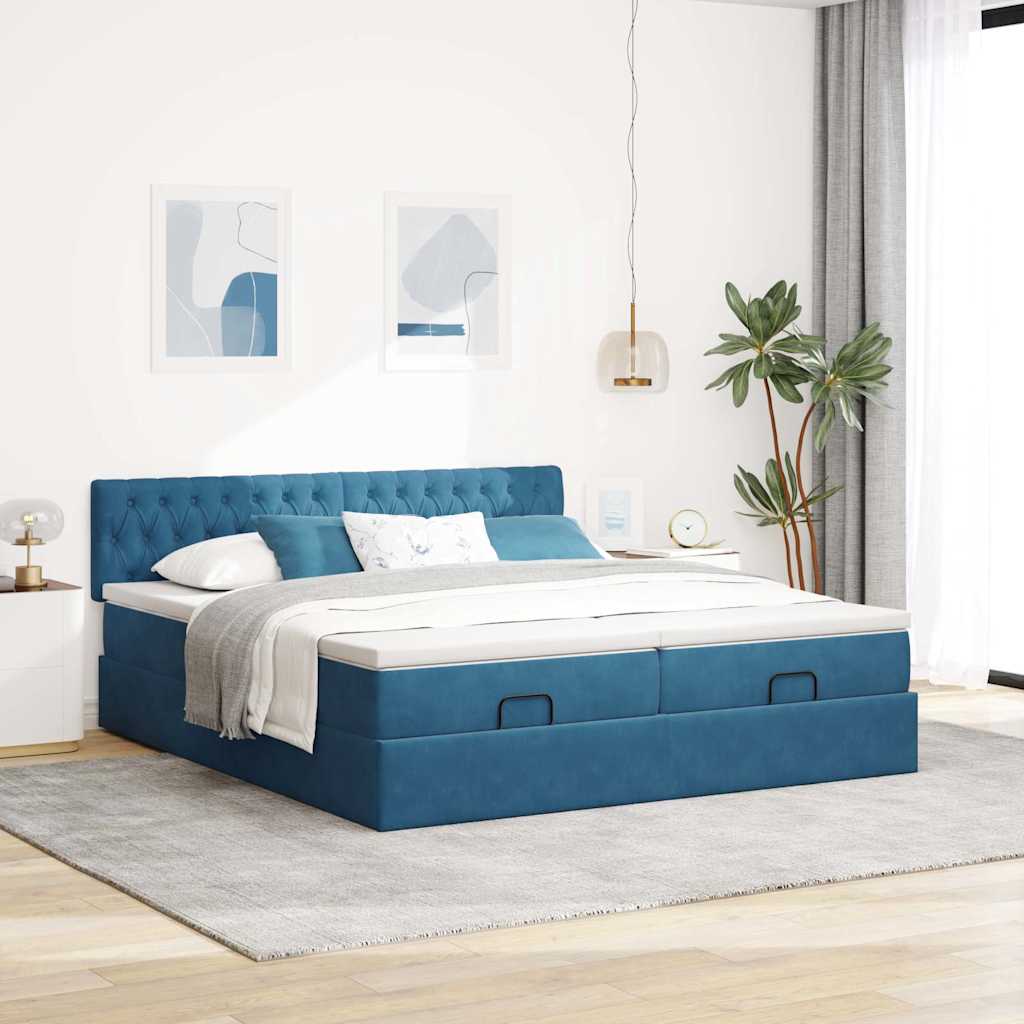 Cadre de lit ottoman avec matelas bleu foncé 160x200 cm velours