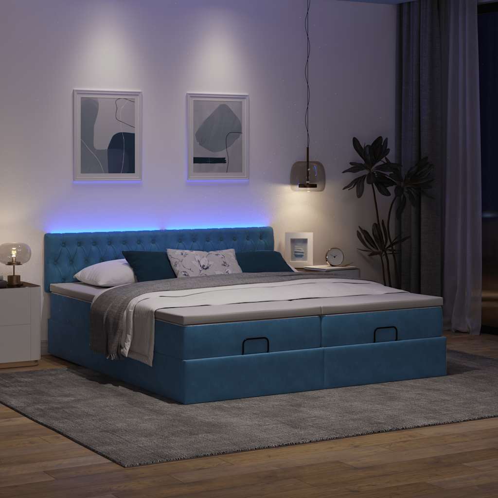 Cadre de lit ottoman avec matelas bleu foncé 160x200 cm velours