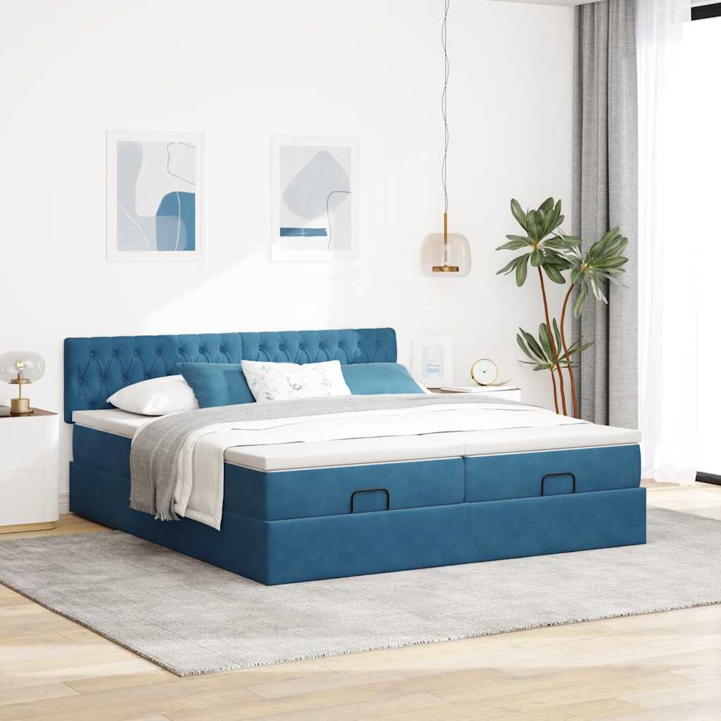 Cadre de lit ottoman avec matelas bleu foncé 200x200 cm velours