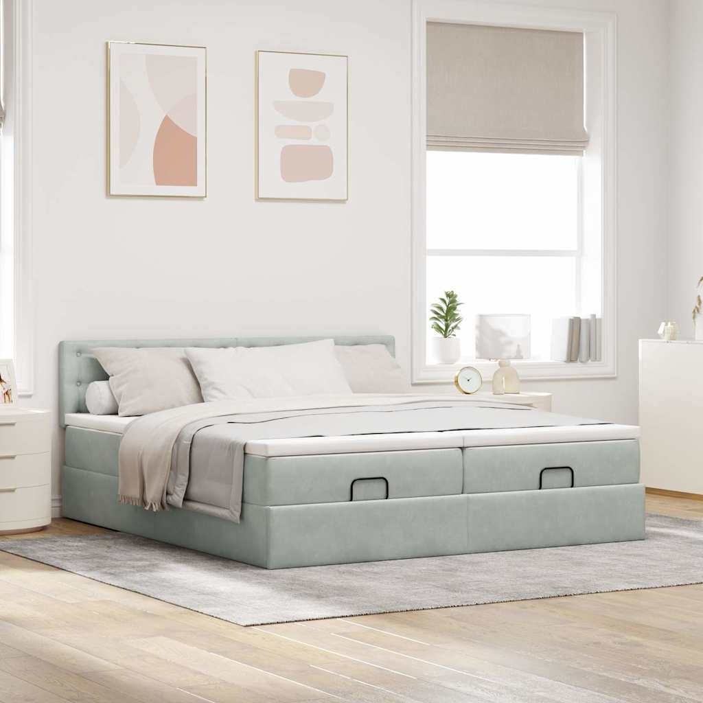 Cadre de lit ottoman et matelas gris clair 160x200cm velours