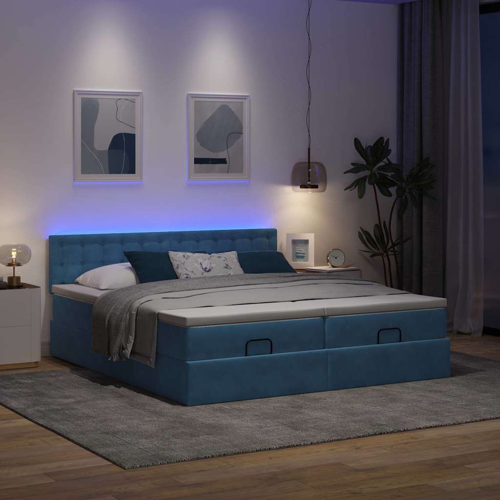 Cadre de lit ottoman avec matelas bleu foncé 160x200 cm velours