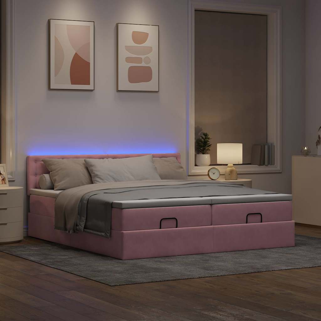 Cadre de lit ottoman avec matelas rose 160x200 cm velours