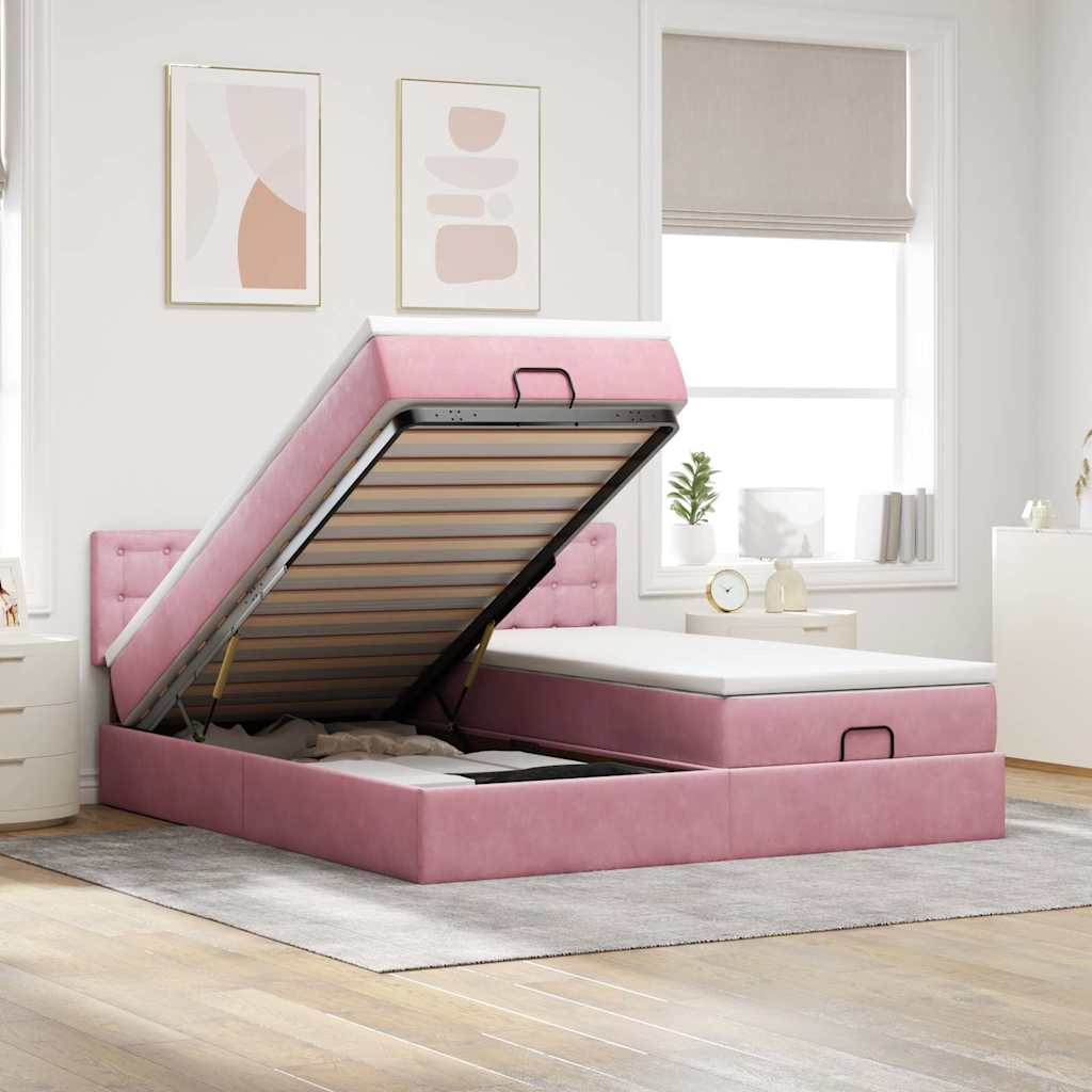 Cadre de lit ottoman avec matelas rose 160x200 cm velours