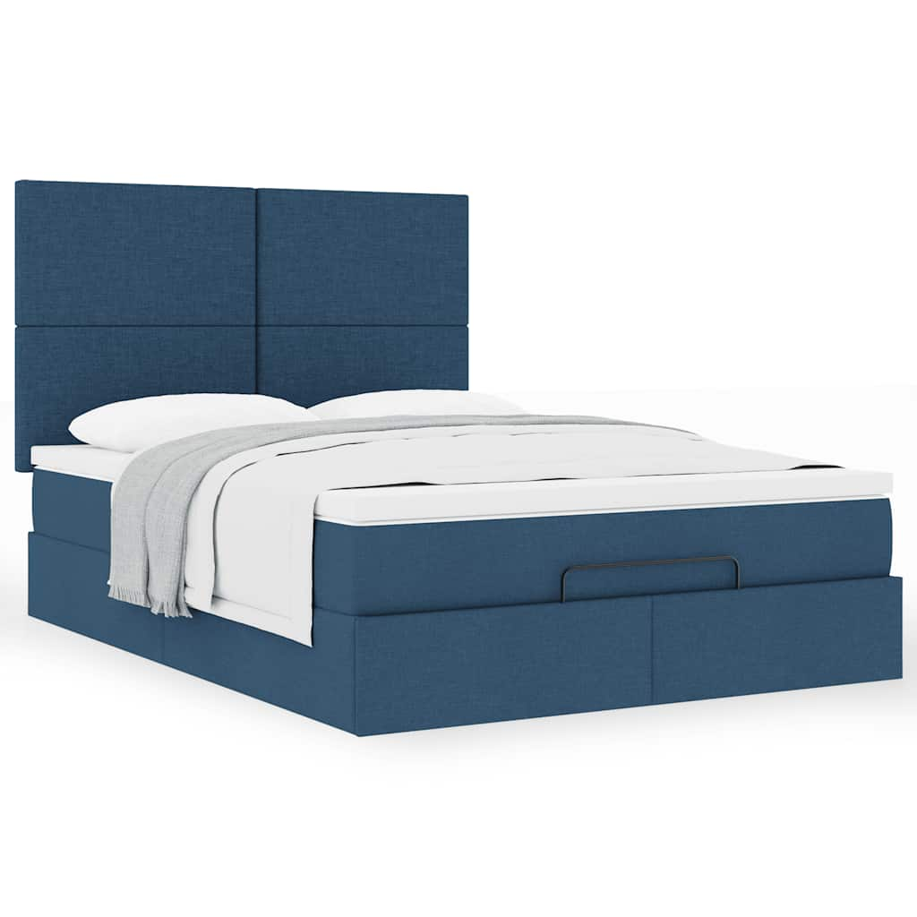 Cadre de lit ottoman avec matelas bleu 140x190 cm tissu