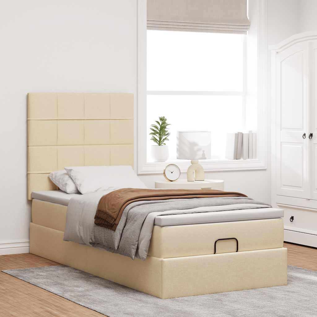 Cadre de lit ottoman avec matelas crème 90x200 cm tissu