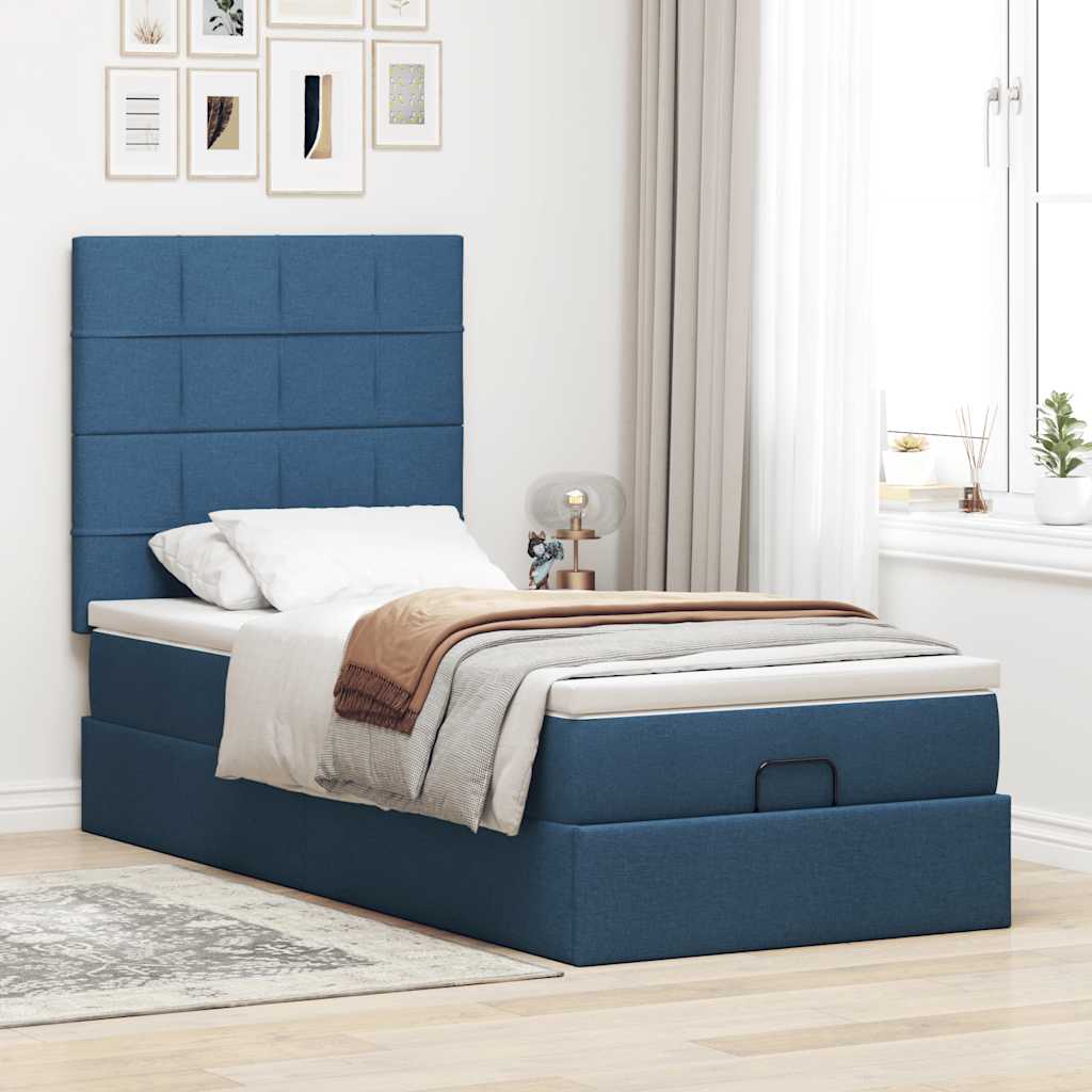 Cadre de lit ottoman avec matelas bleu 100x200 cm tissu