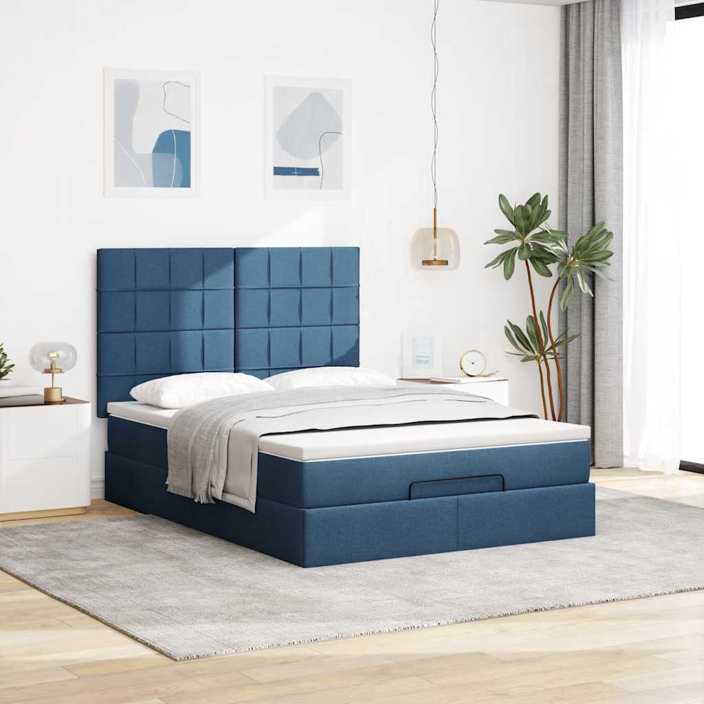 Cadre de lit ottoman avec matelas bleu 140x190 cm tissu