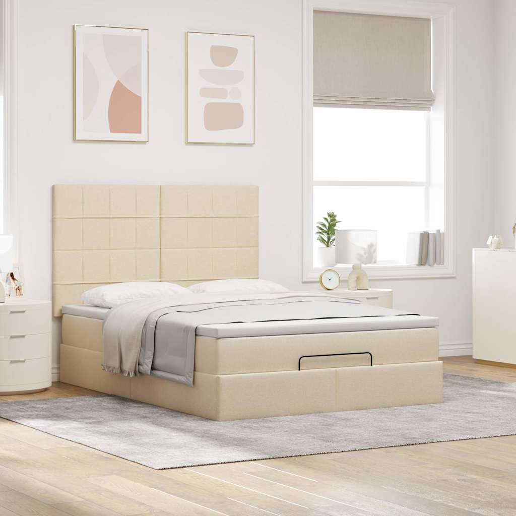 Cadre de lit ottoman avec matelas crème 140x200 cm tissu