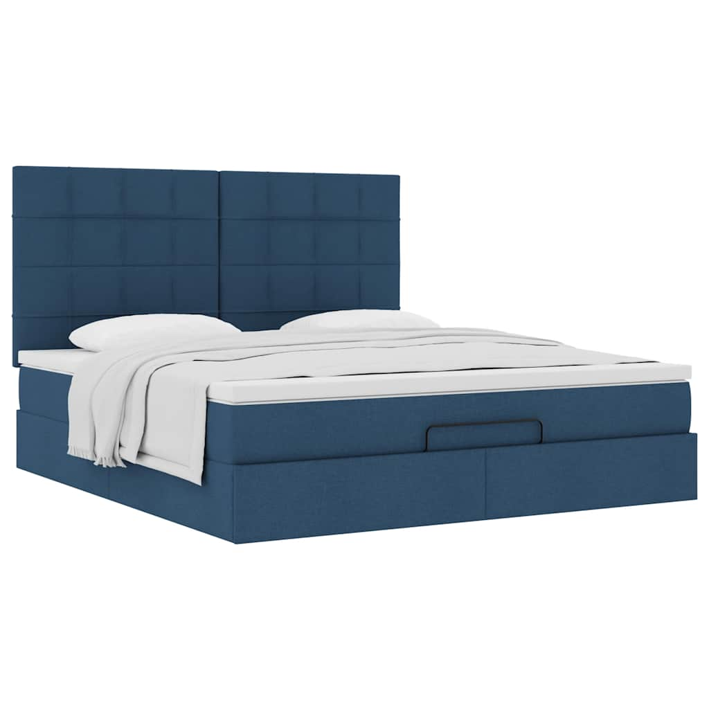 Cadre de lit ottoman avec matelas bleu 160x200 cm tissu