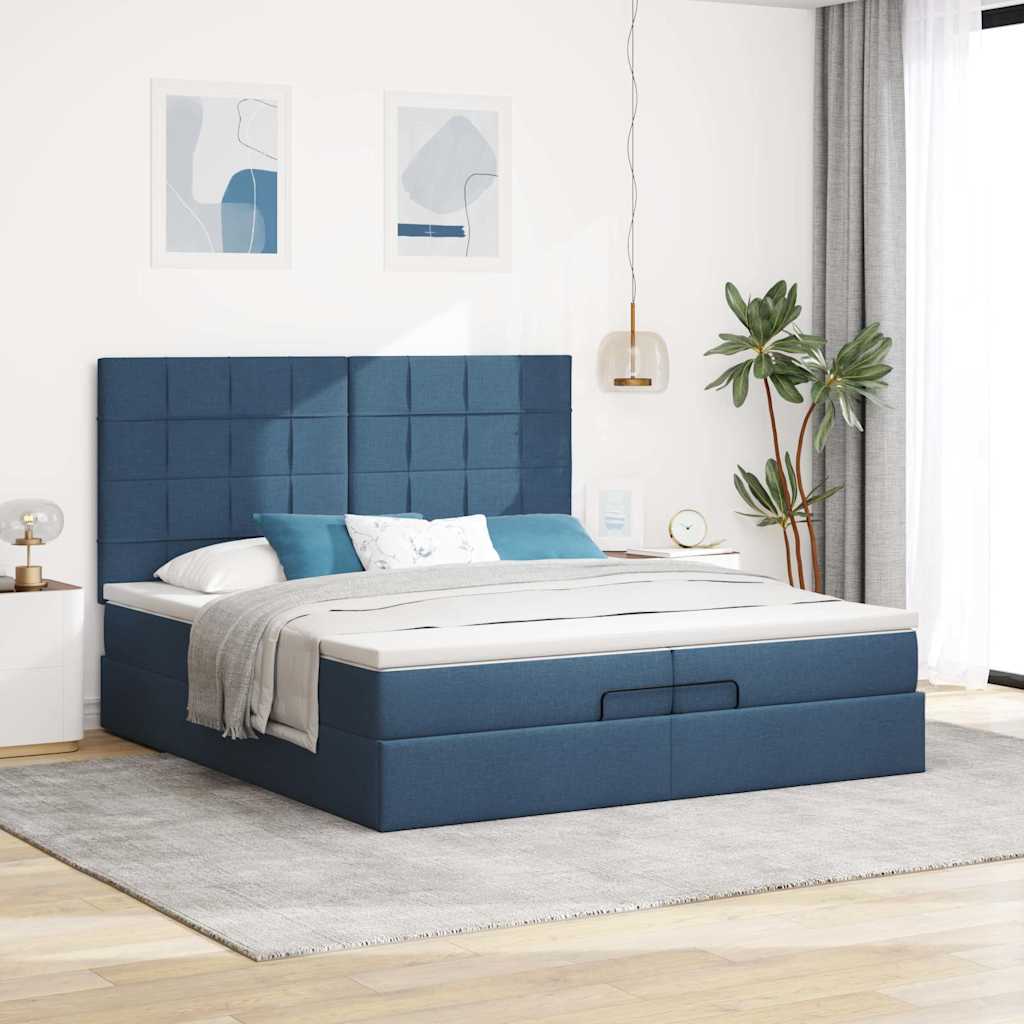 Cadre de lit ottoman avec matelas bleu 200x200cm tissu