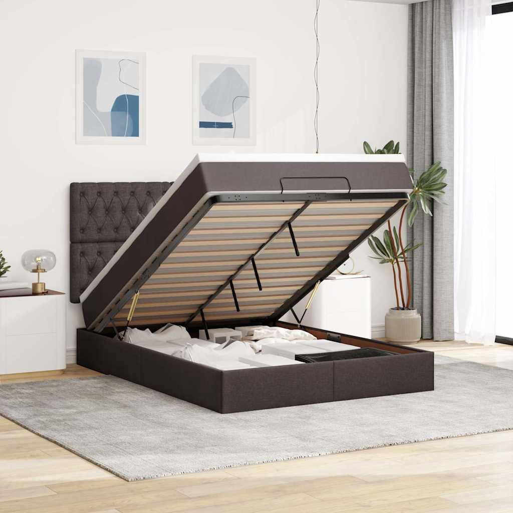 Ottoman bed frame with dark brown mattress 140x190 cm fabric