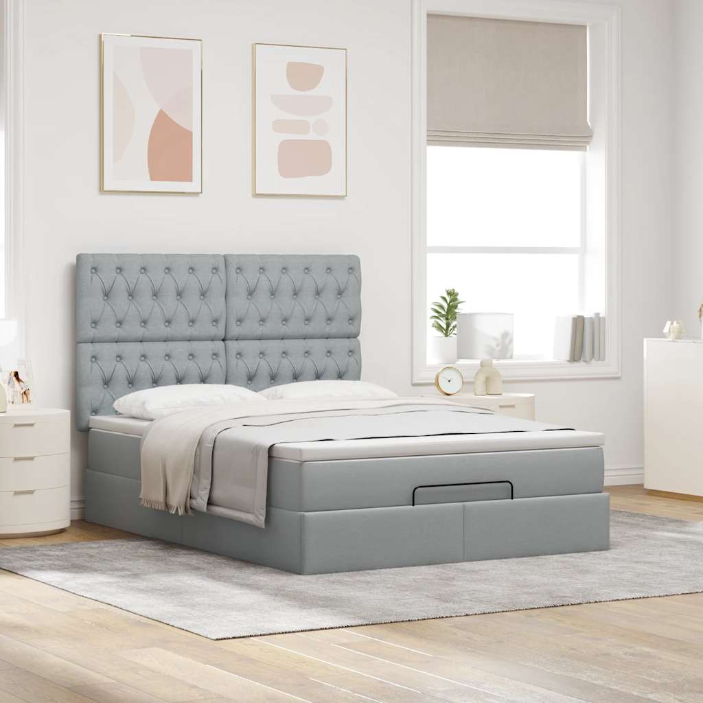 Cadre de lit ottoman et matelas gris clair 140x200 cm tissu