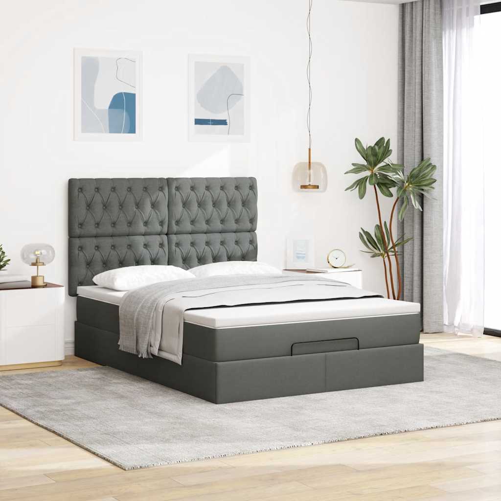 Cadre de lit ottoman avec matelas gris foncé 140x200 cm tissu