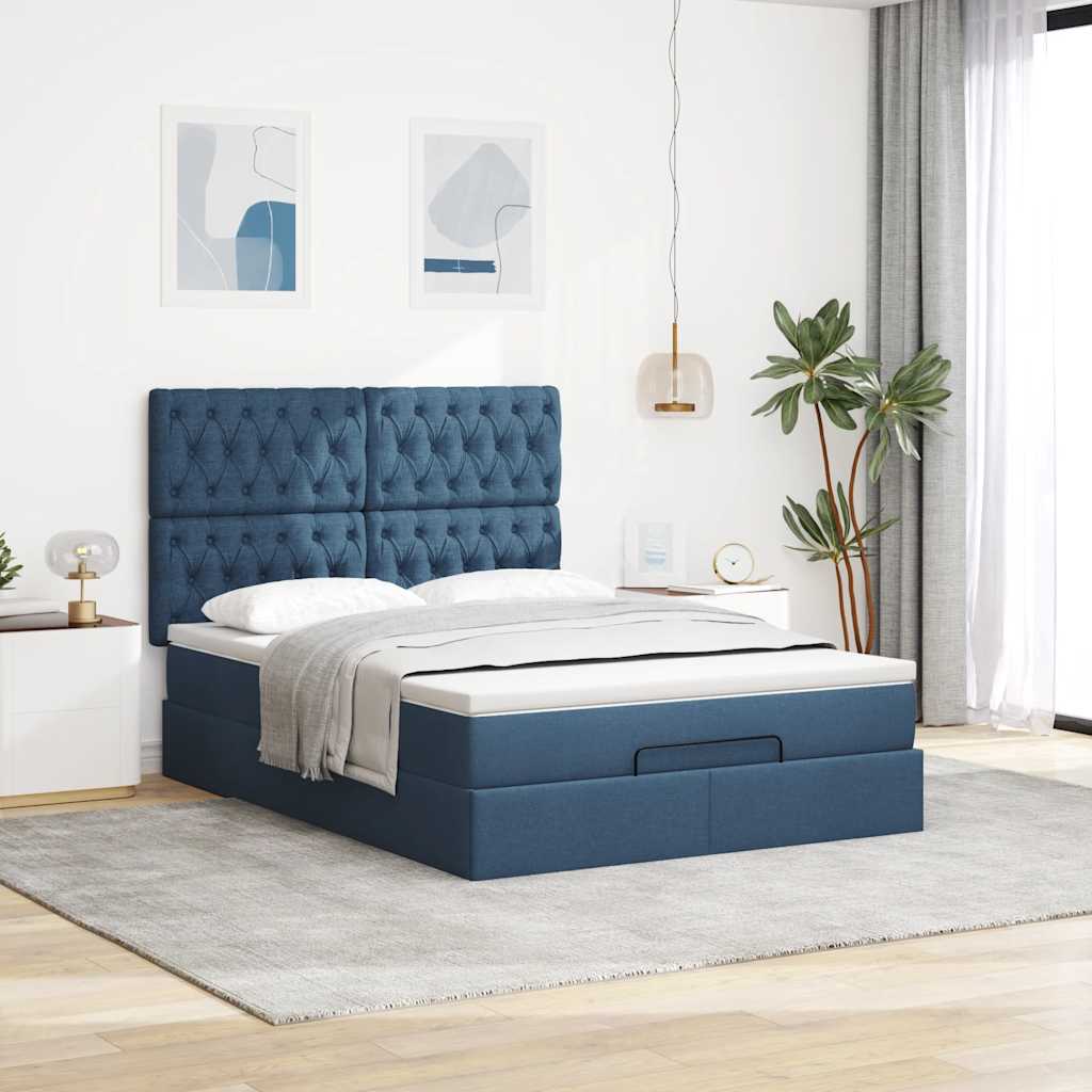 Cadre de lit ottoman avec matelas bleu 140x200 cm tissu