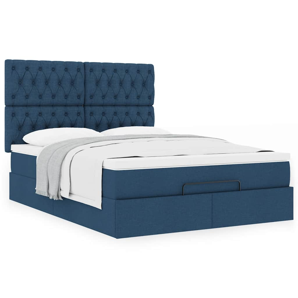 Cadre de lit ottoman avec matelas bleu 140x200 cm tissu