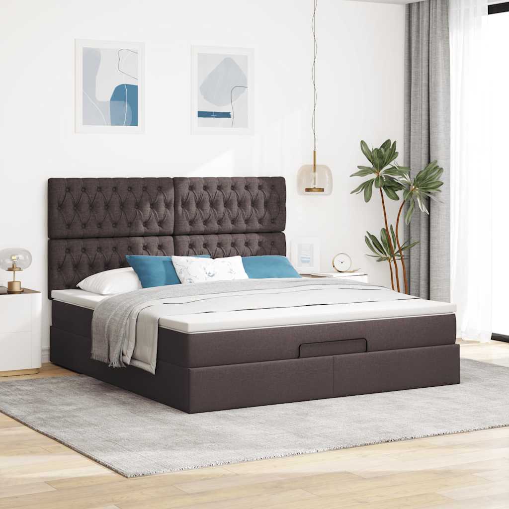 Cadre de lit ottoman avec matelas marron foncé 160x200 cm tissu